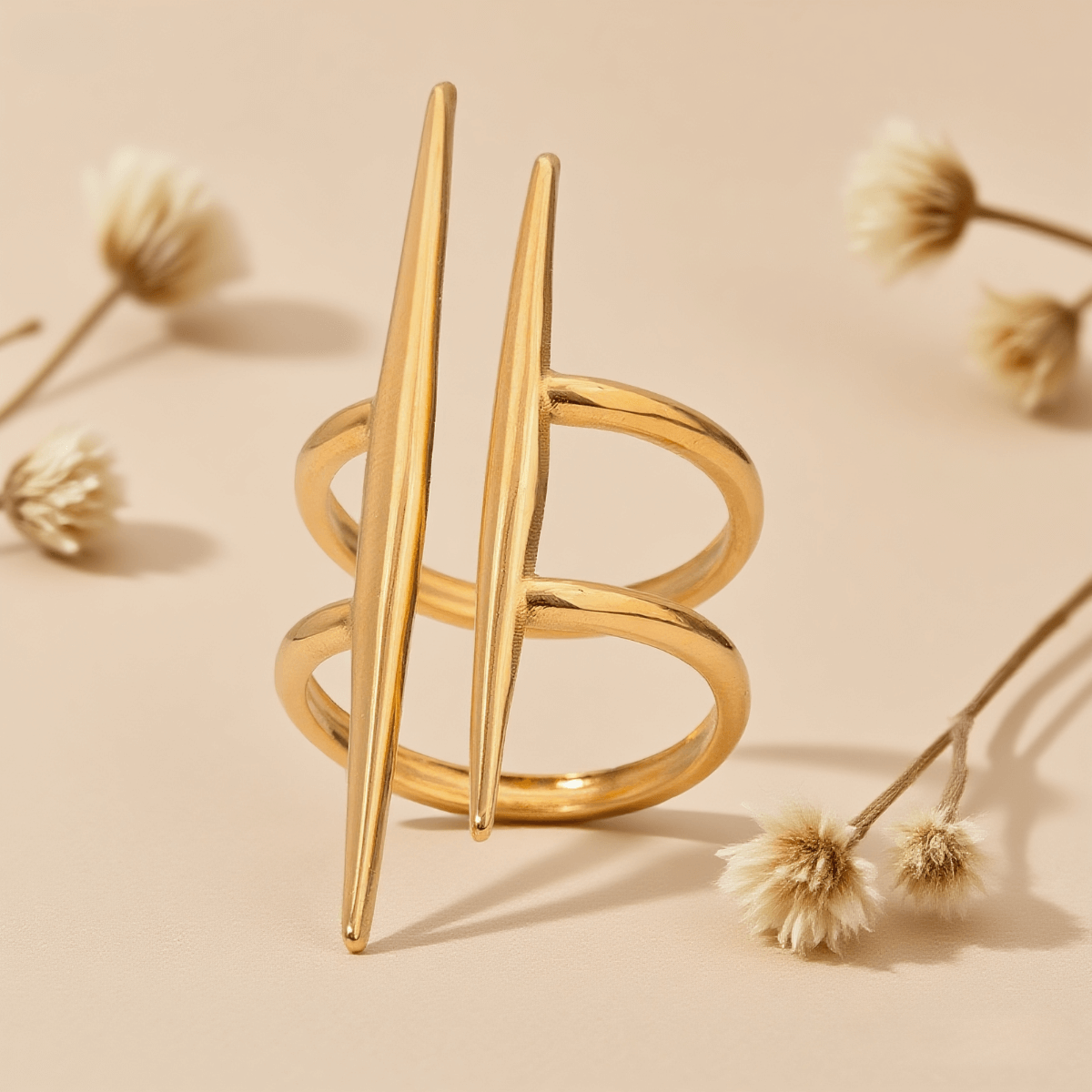 Urban Minimal Double-Bar Ring — 18K gold plated adjustable double-bar ring, hypoallergenic and durable.