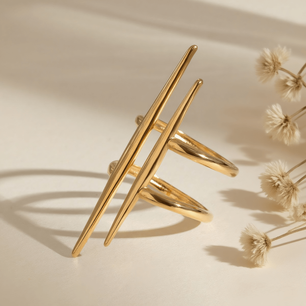 Urban Minimal Double-Bar Ring — 18K gold plated adjustable double-bar ring, hypoallergenic and durable.