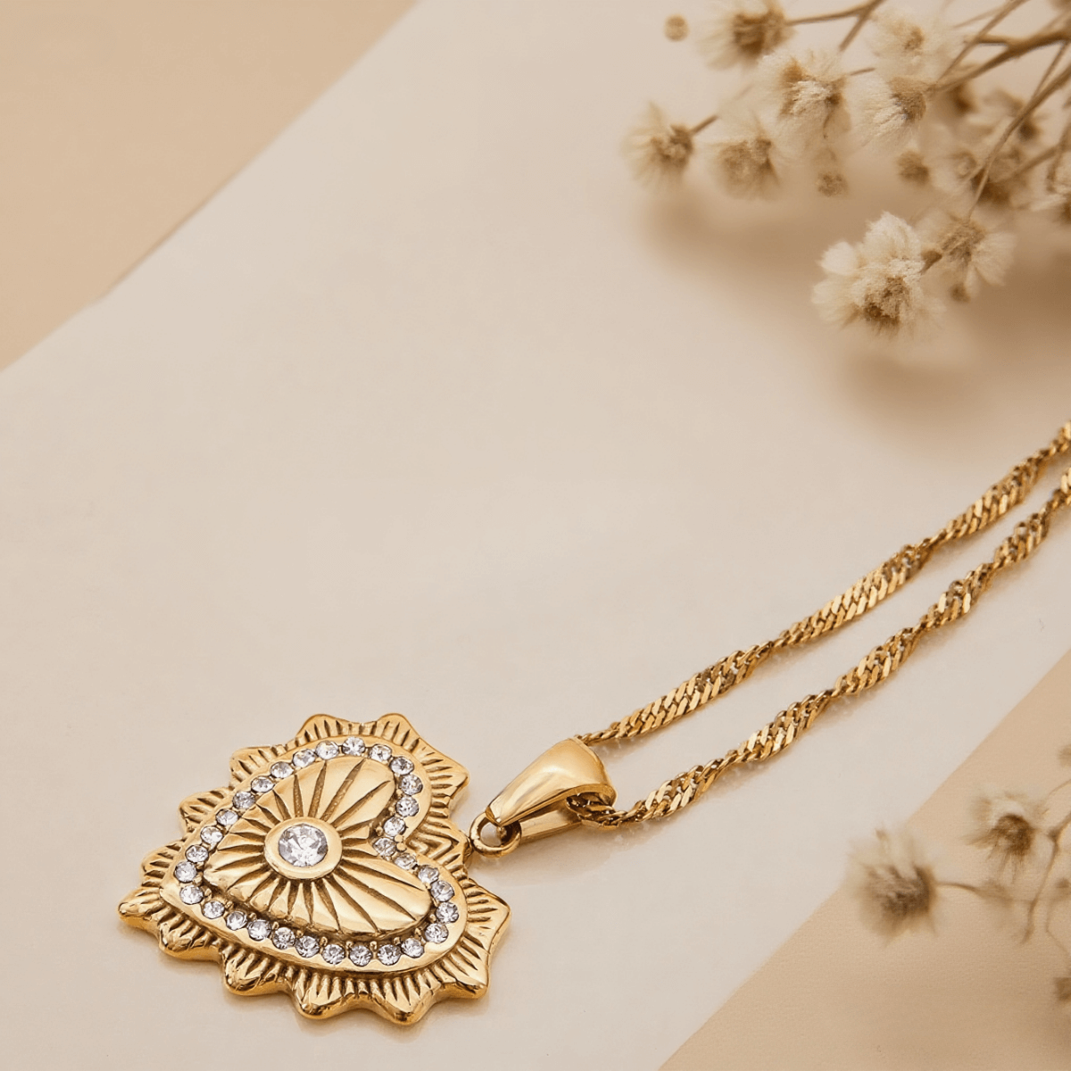 Vintage Heart Medallion Necklace — heart shaped pendant on twisted gold chain, romantic vintage style gift.