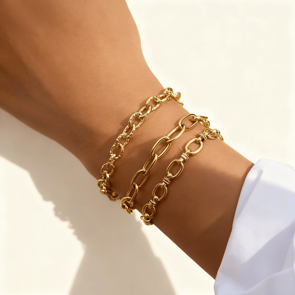 Model wearing a delicate, three-layer stack from The Amalfi Layering Set against a white shirt sleeve, demonstrating a chic and minimalist everyday style.