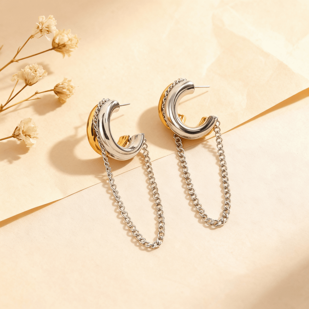 Luxe Layered Chain Hoops in two-tone gold and silver with a chunky C-shape and a dangling silver chain.