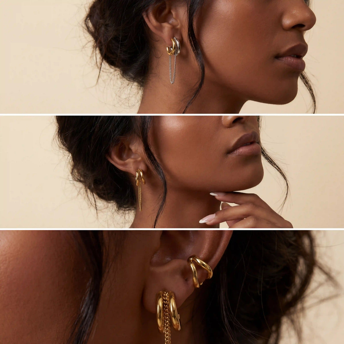 Model with dark skin wearing mixed metal and gold chain hoop earrings statement jewelry.
