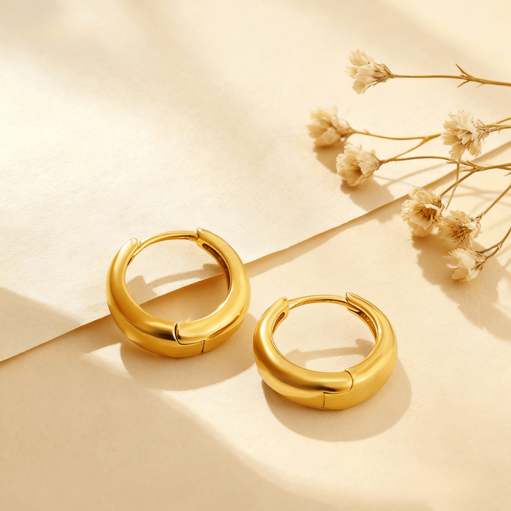 A macro shot of the gold Capsule Hoop earrings, focusing on the way light reflects off their perfectly polished, domed surface, emphasizing their high-quality, lustrous finish.