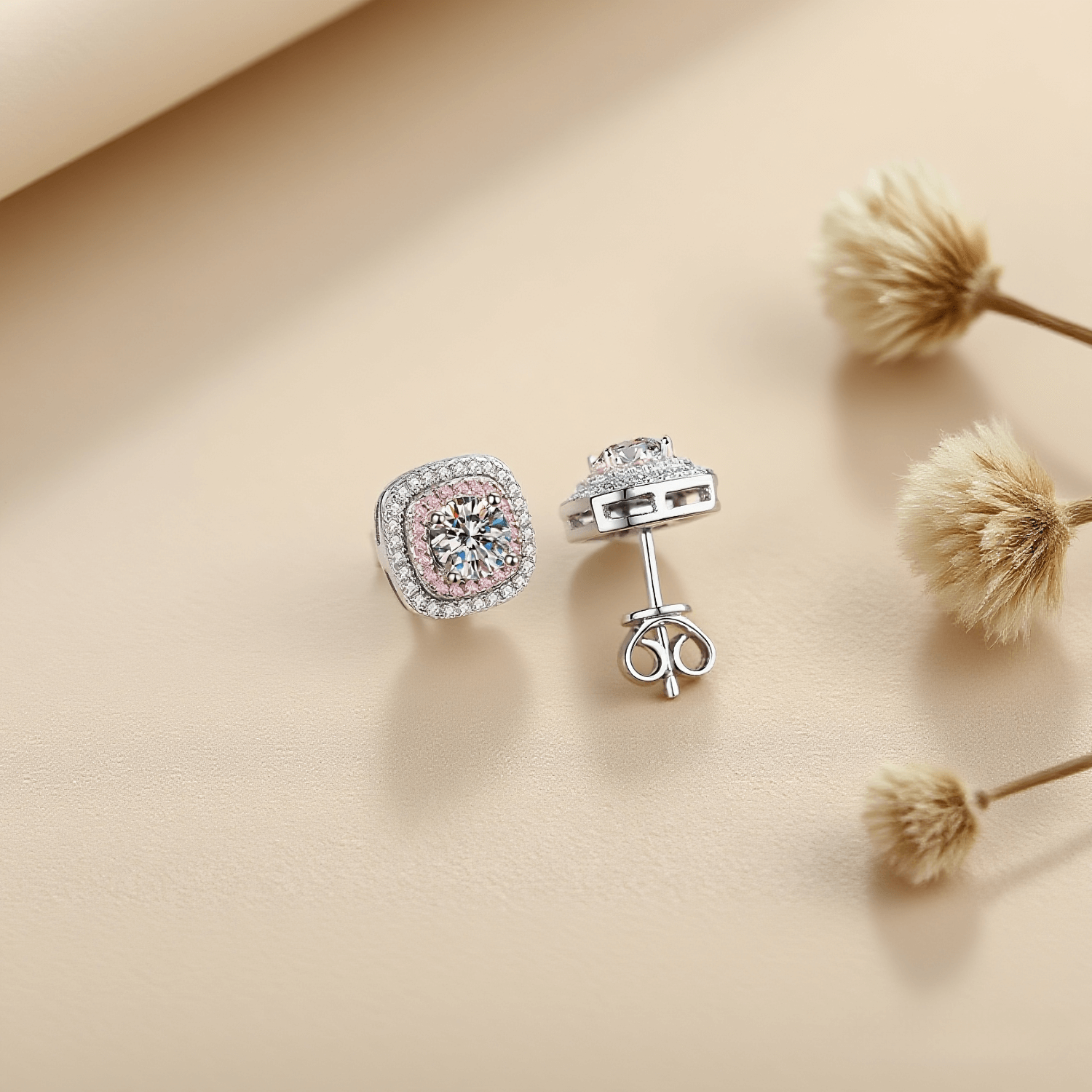 Tranquil Glow Moissanite Earrings — pearlescent pearl-style studs with moissanite center, soft and serene gift.