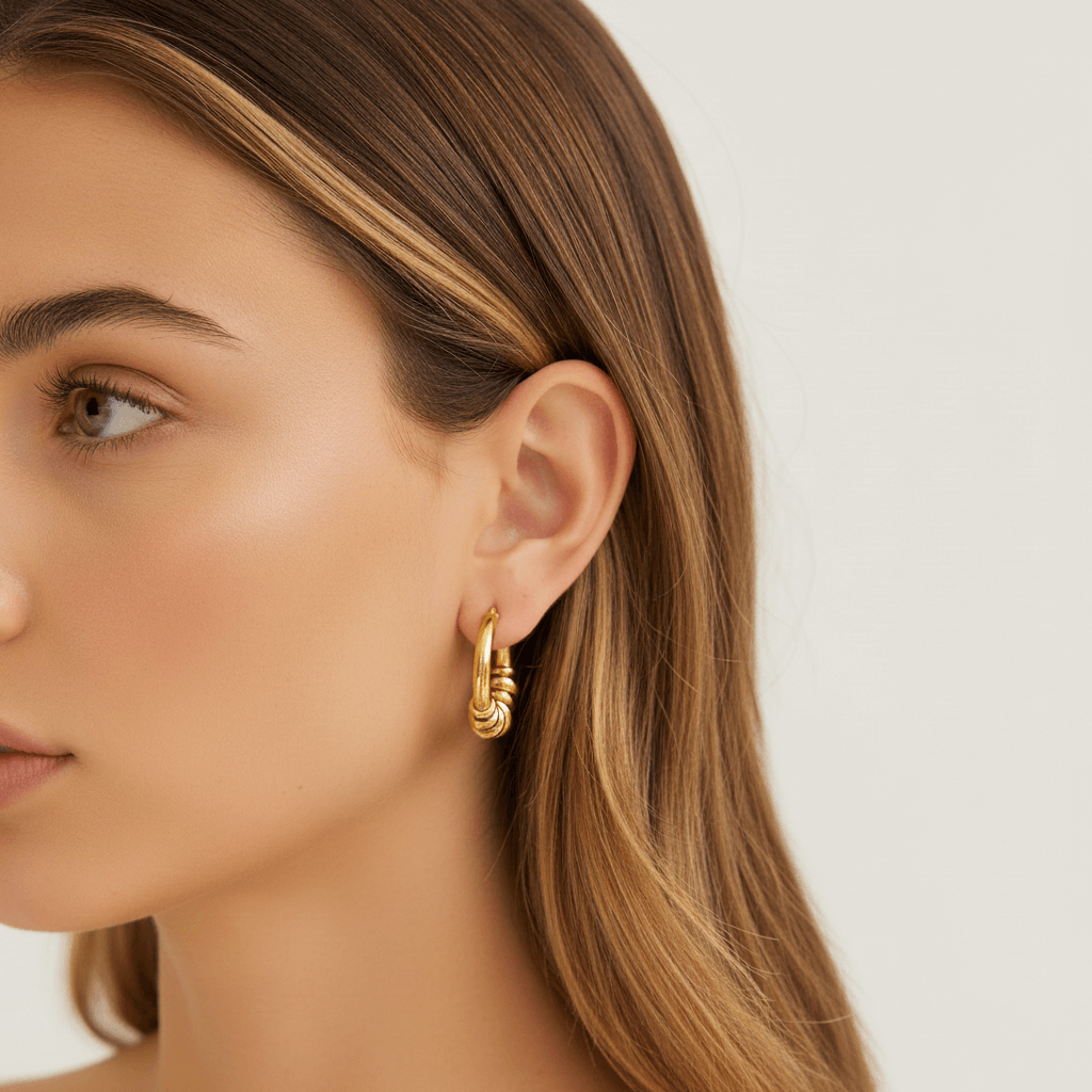 Model wearing the gold Siena Hoops to show their medium size and how they perfectly complement a modern, stylish look.