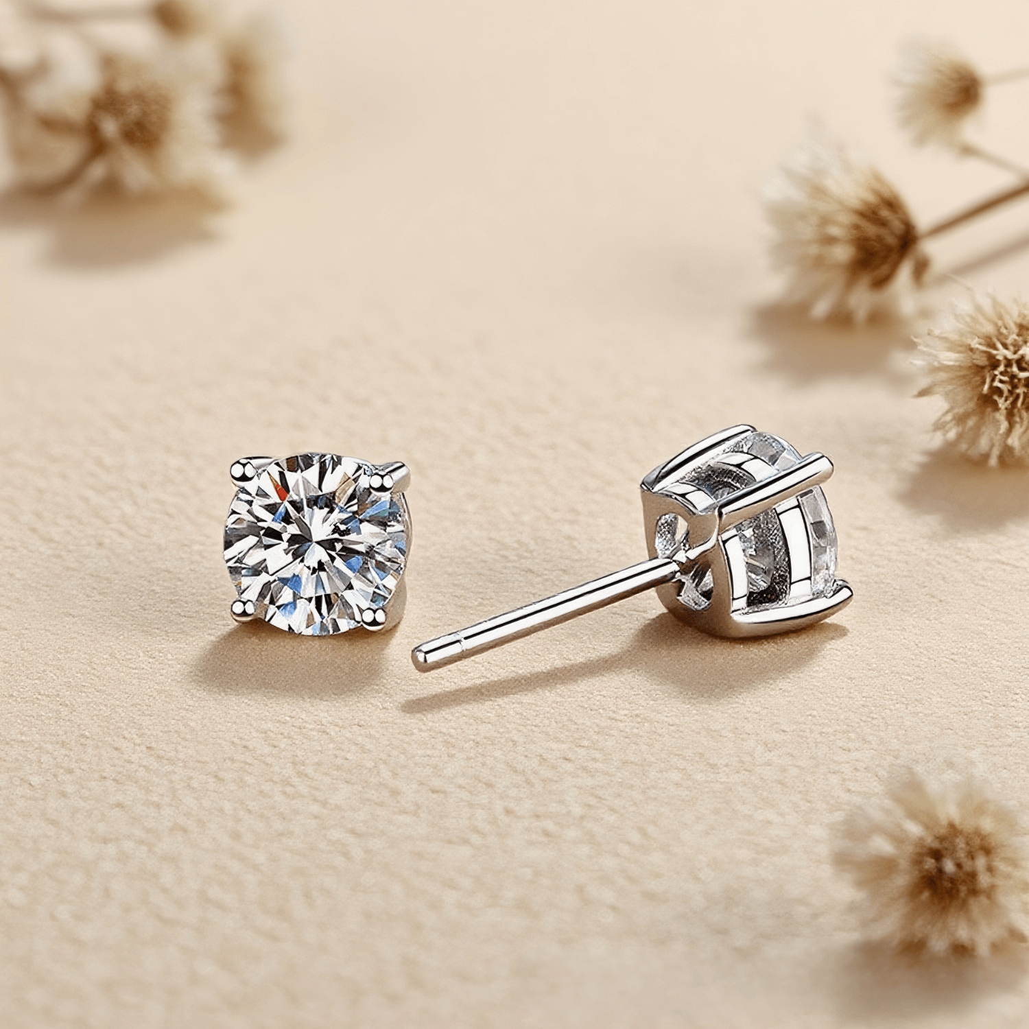 Moissanite Four-Claws Classic Earrings — sparkling moissanite studs in four-prong setting, clean and timeless jewelry.