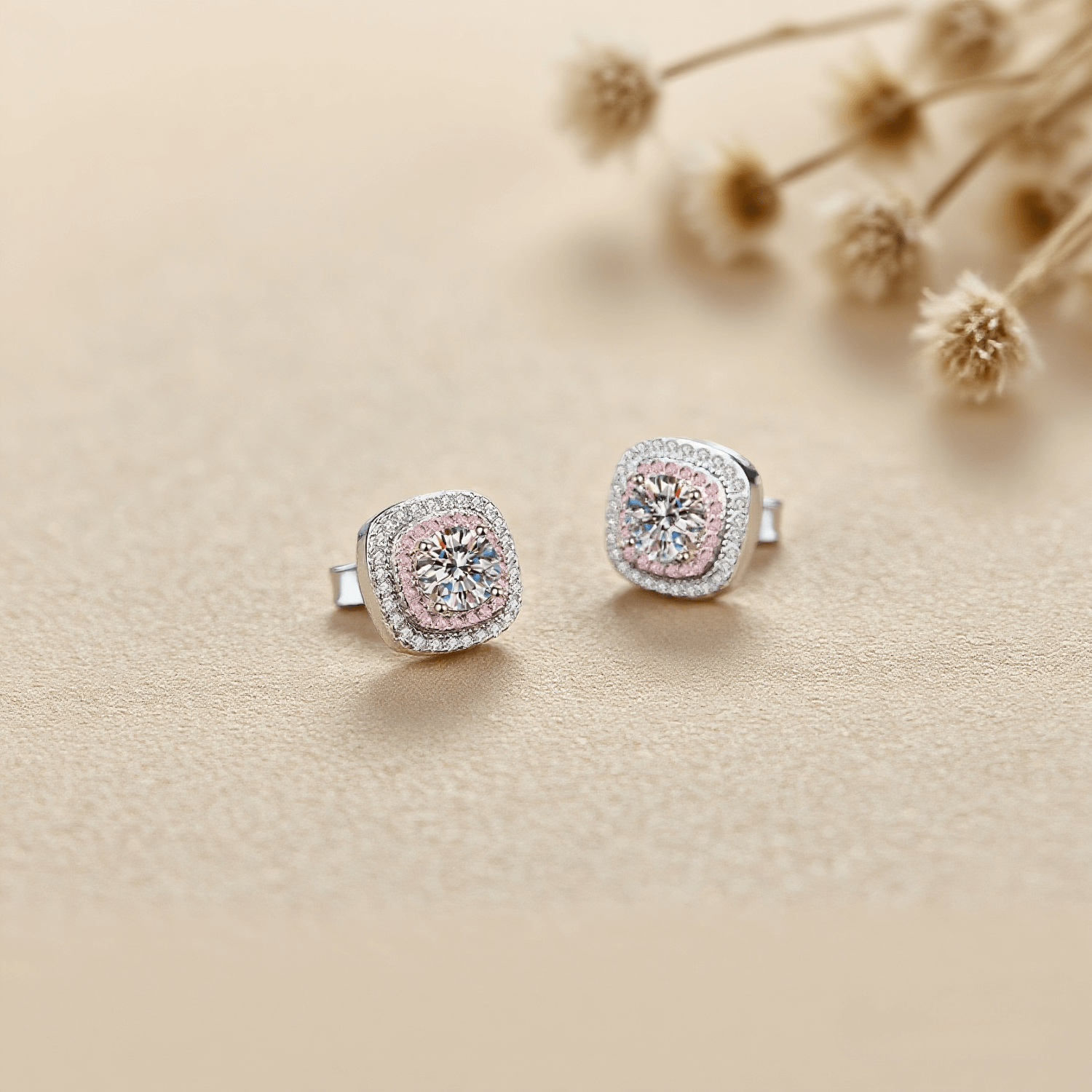 Tranquil Glow Moissanite Earrings — pearlescent drop earrings with moissanite center, embodying calm elegance.