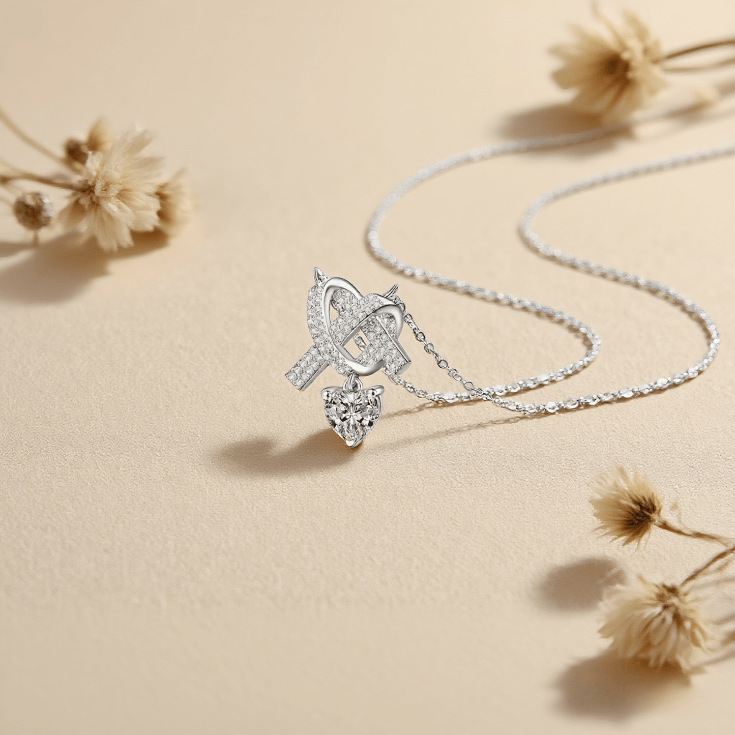 Lovebound Heart Moissanite Necklace — heart shaped moissanite pendant in sterling silver on delicate chain, romantic and luminous.