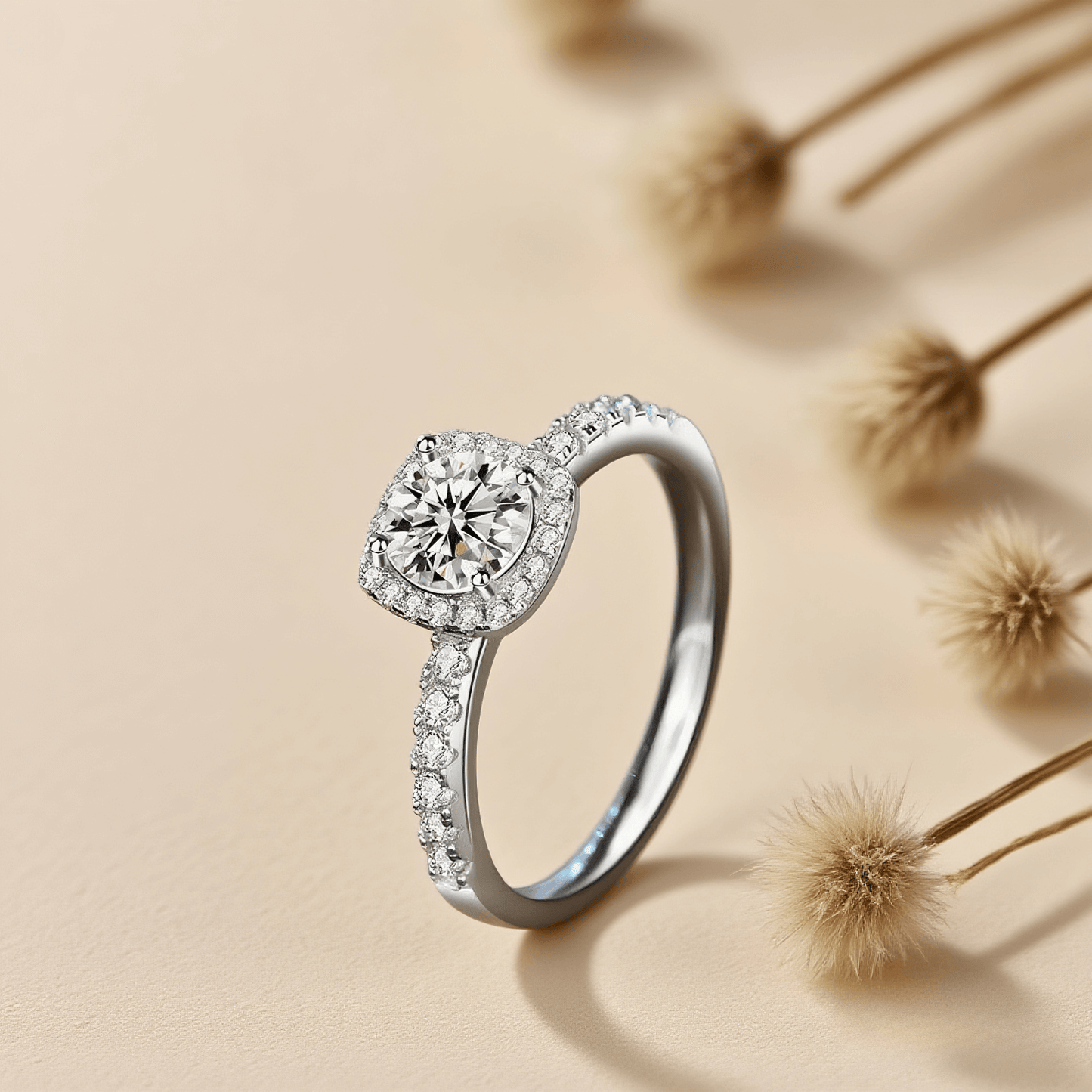 Tranquil Glow Moissanite Ring — halo or solitaire moissanite ring in hypoallergenic metal, radiant and elegant.