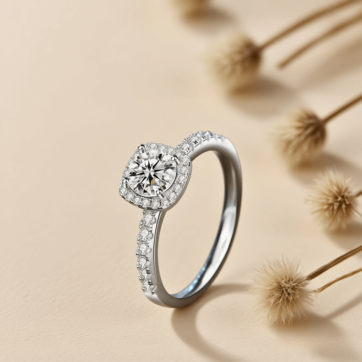 Tranquil Glow Moissanite Ring — halo or solitaire moissanite ring in hypoallergenic metal, radiant and elegant.