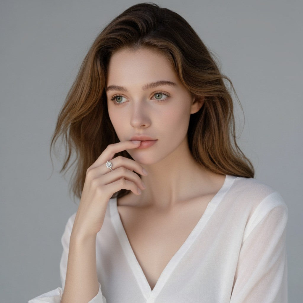 Tranquil Glow Moissanite Ring — radiant moissanite ring in serene setting, calm sparkle for sensitive skin.