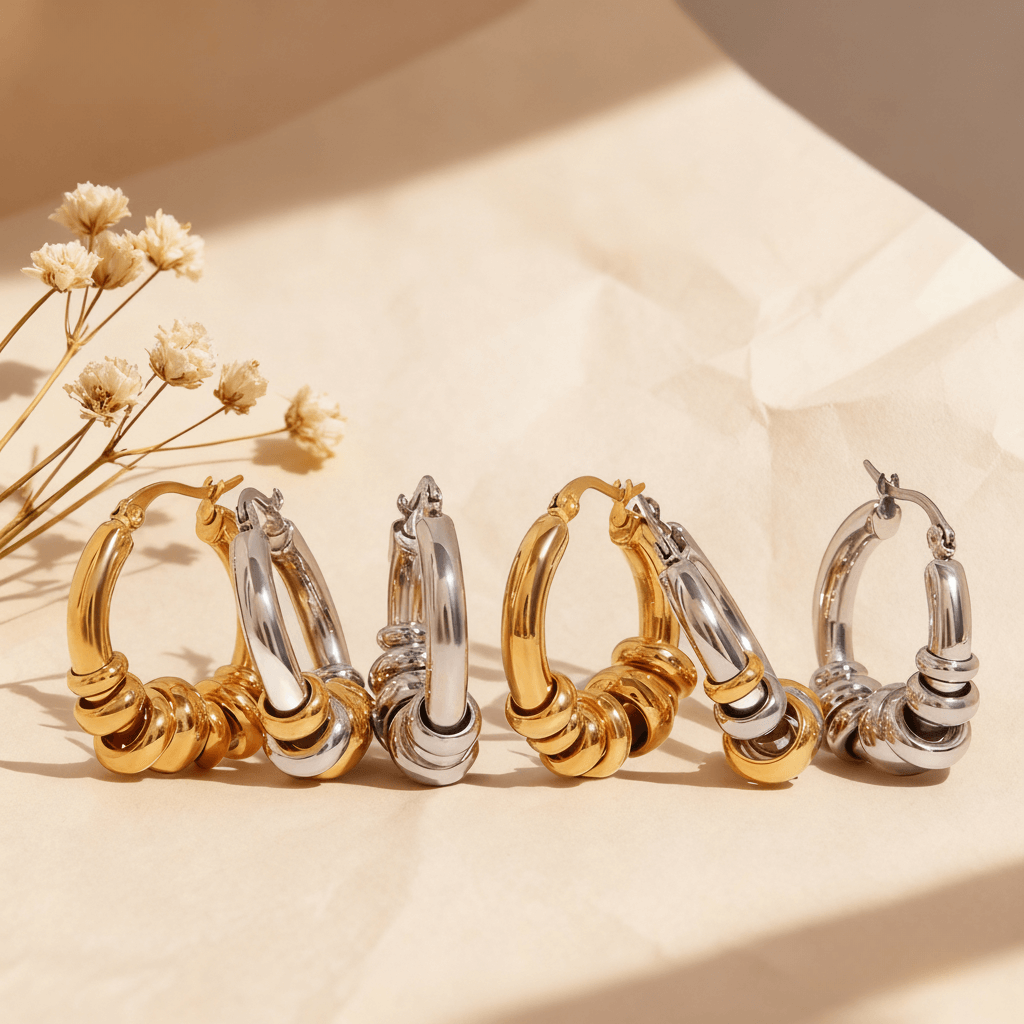 Three pairs of the Siena Stacked Hoops in 18K gold, polished silver, and a two-tone mixed metal finish, displayed together on a white background.