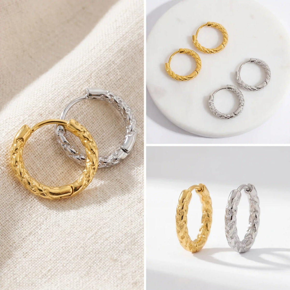 Gold and silver diamond-cut texture earrings collection, aesthetic sparkly hoops display, affordable luxury jewelry gifts 2026.