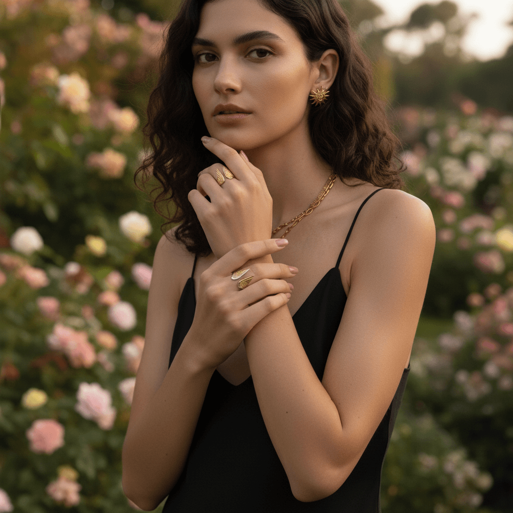A beautiful shot of a model in a rose garden wearing the Seraphina guardian angel ring, illustrating its romantic and protective symbolism.