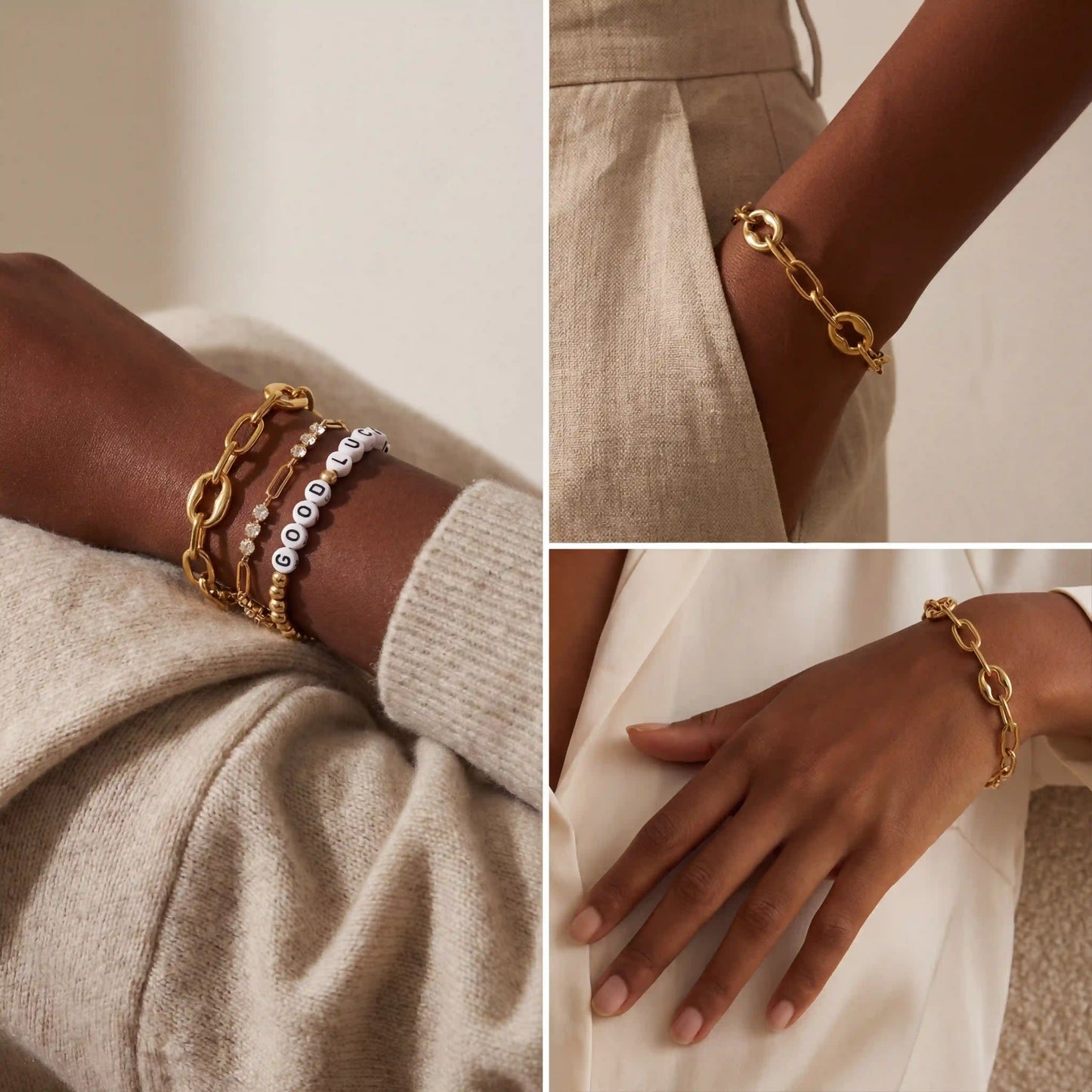 Model with dark skin wearing bold gold link bracelet stacked with other jewelry.
