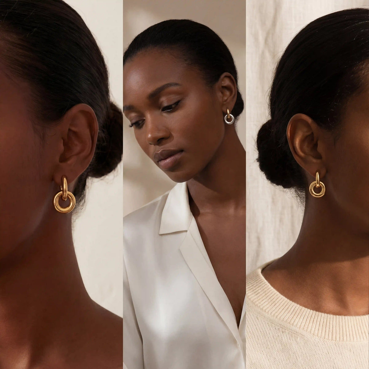 Model with dark skin wearing chunky gold twist knot earrings everyday style.