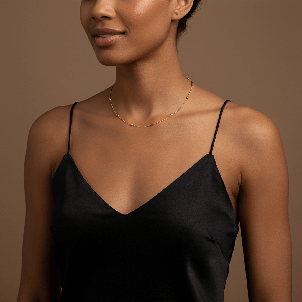 Close-up of a woman's neck wearing the Dainty Beaded Necklace solo with a black sweater, showcasing its delicate look.