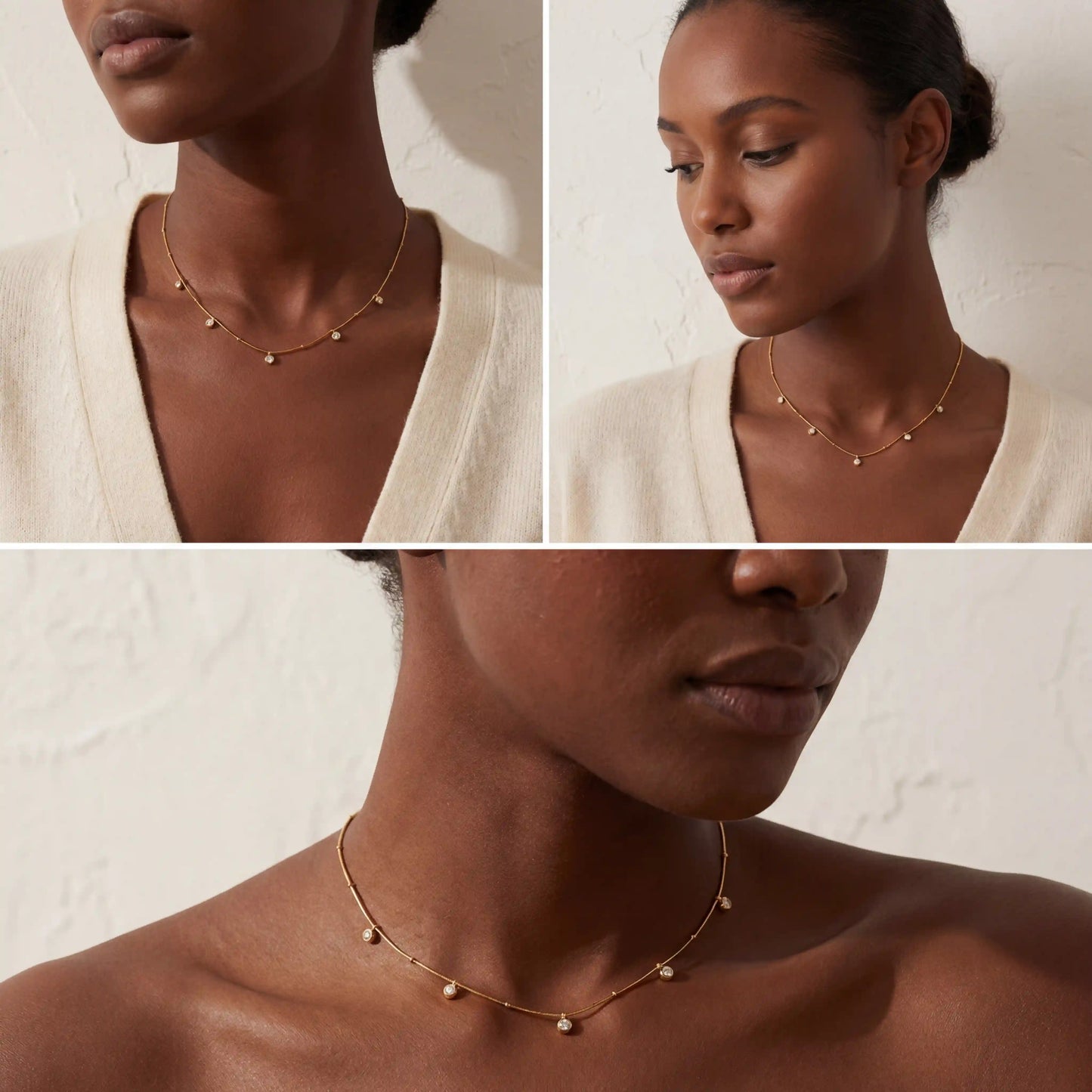 Model with dark skin wearing dainty gold station necklace layering essential.