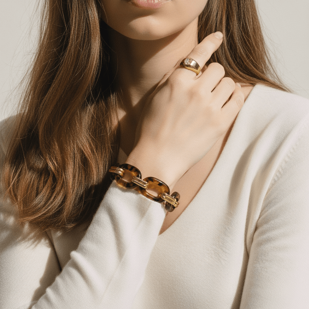 A woman wearing the Florence statement bracelet brings her hand to her chin in an elegant pose, showing how the piece complements a classic, minimal outfit.