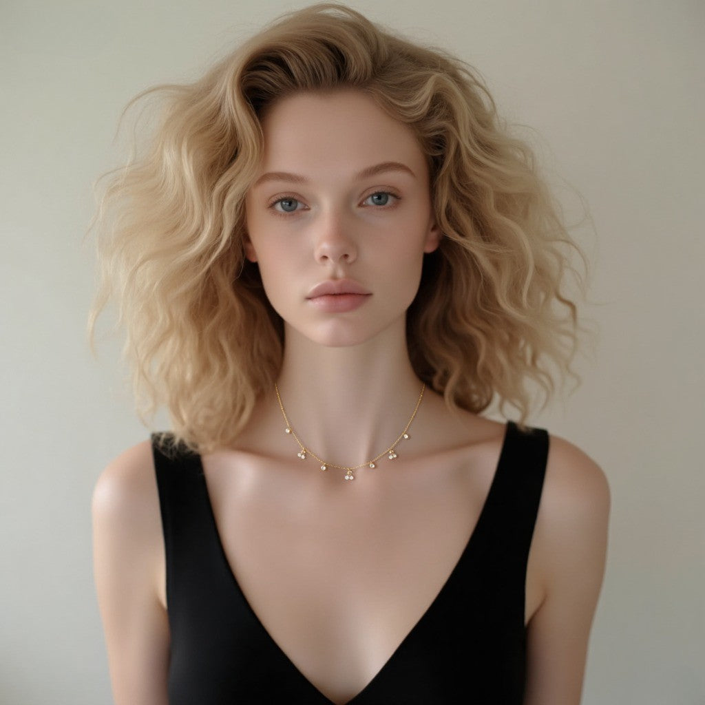 golden dew necklace, gold plated pendant, dew drop necklace, everyday sparkle necklace, hypoallergenic gold necklace, romantic gift necklace