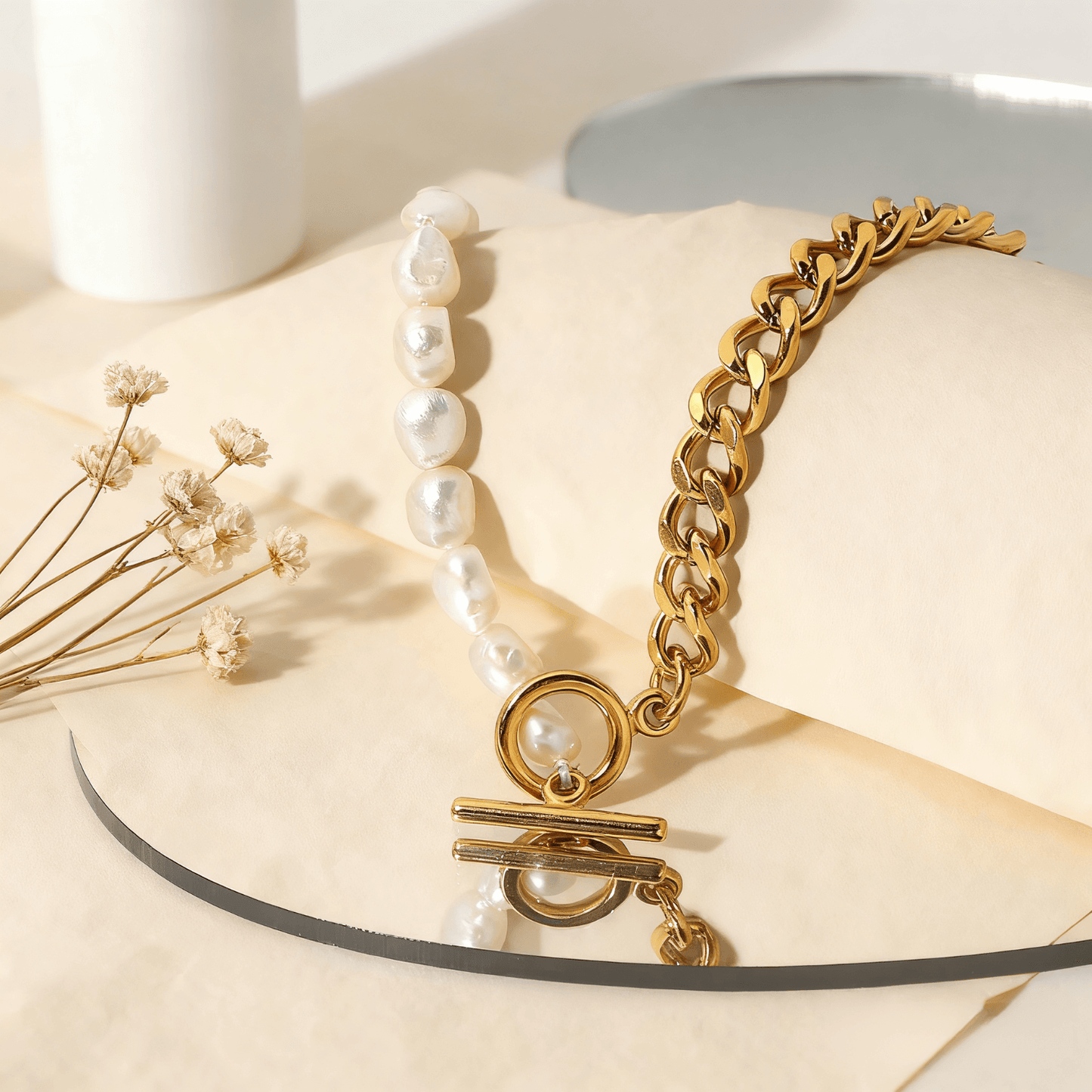 Harmony Pearl Chain Necklace — delicate pearl chain necklace on neutral background, elegant and timeless.