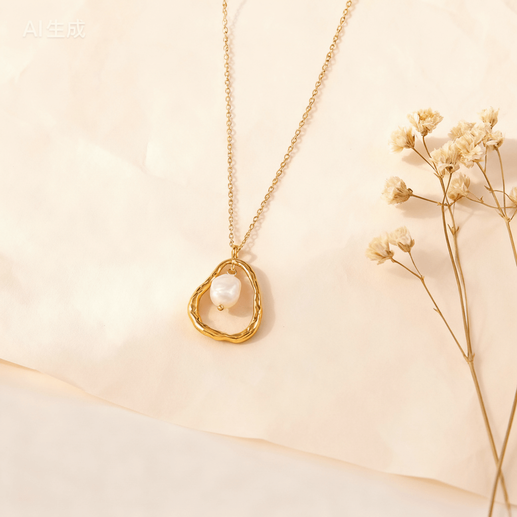 A macro shot of the single freshwater pearl from The Luna Pearl necklace, positioned to catch soft, natural light. The image captures the subtle, iridescent orient and the soft, moon-like glow of the pearl's surface.