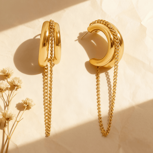 Luxe Layered Chain Hoops in 18K gold featuring a triple-stacked chunky C-shape design with a hanging curb chain on a white background.