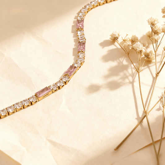 Close-up view of the secure gold box clasp on the Rosé Accent Tennis Bracelet.