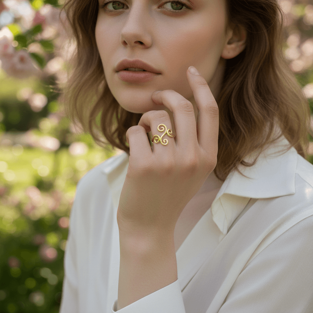 A soft-focus, romantic shot of a model's hand gently running through her wavy, sun-kissed hair, with the gold Aphrodite Ring visible on her finger. The image evokes a dreamy, carefree, and effortlessly feminine mood.