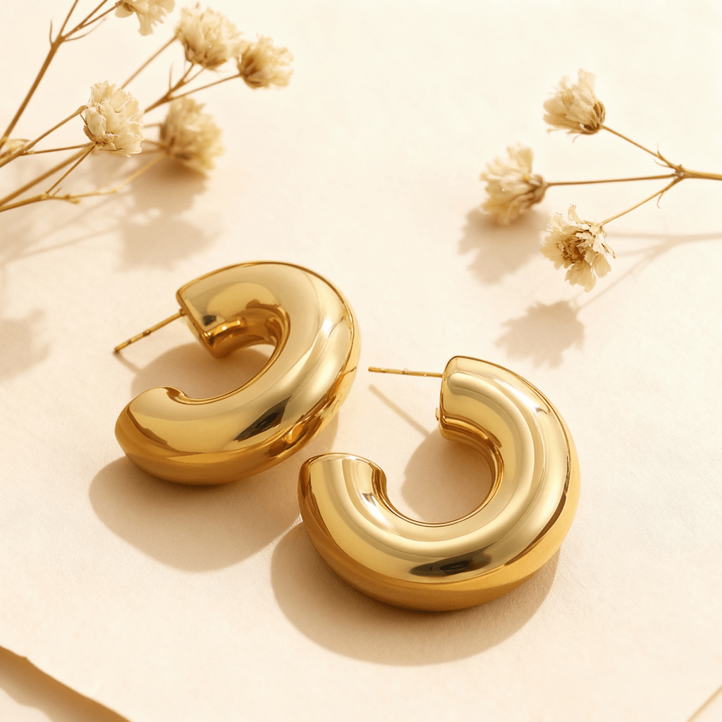 Close-up of the gold Cloud Hoops, showing their puffy, dome-like shape, hollow construction, and high-polish finish.