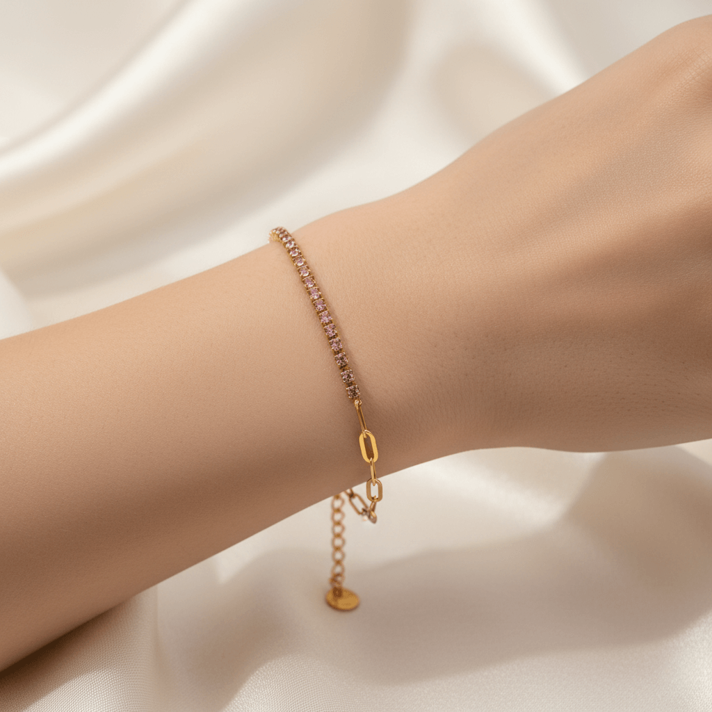 The Duality Bracelet | Half Pink Tennis & Half Paperclip Chain