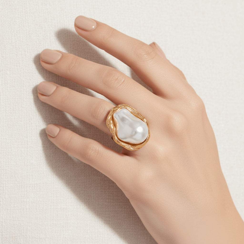 Side view of The Theia statement ring on a model's hand against a white background, demonstrating the open, adjustable design of the gold band.