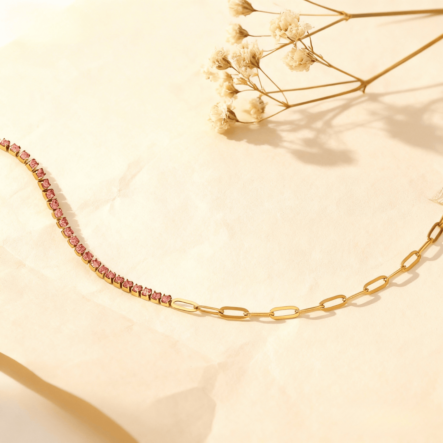 The Duality Bracelet | Half Pink Tennis & Half Paperclip Chain