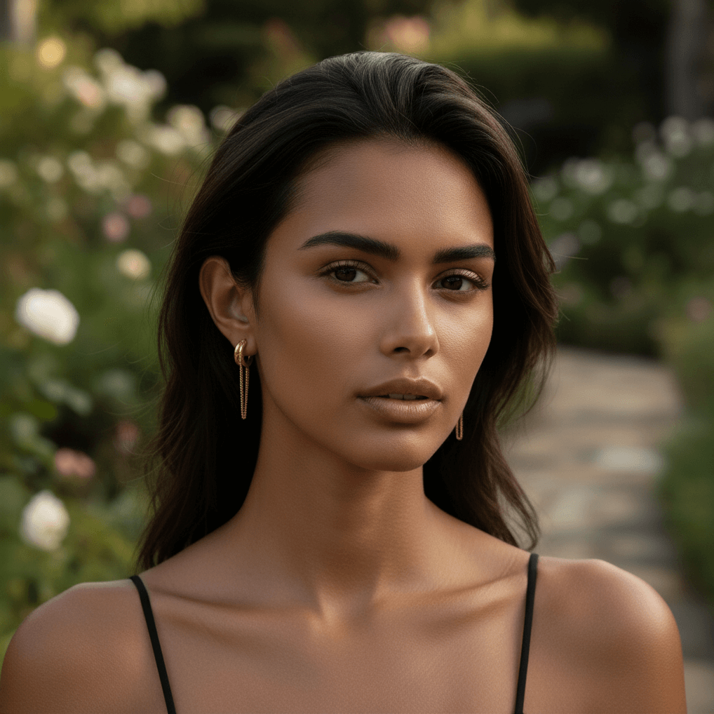Model wearing the two-tone Luxe Layered Chain Hoops, paired with a black silk blouse to showcase the statement design.