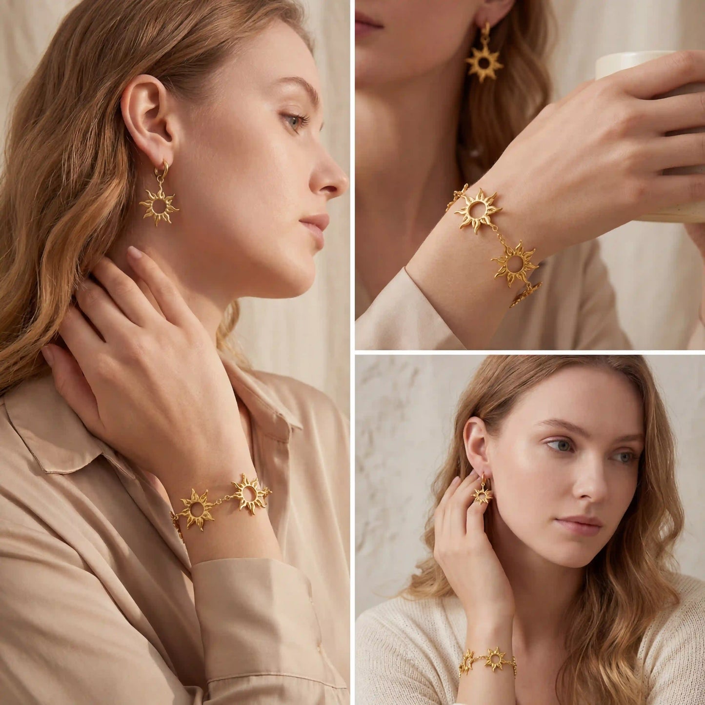 Lifestyle photography collage of blonde woman wearing celestial sun jewelry earrings and bracelet.