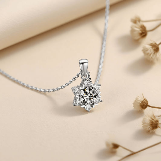 Arctic Sparkle Moissanite Necklace — sterling silver pendant with radiant 1 CT or 2 CT moissanite, safe for sensitive skin.