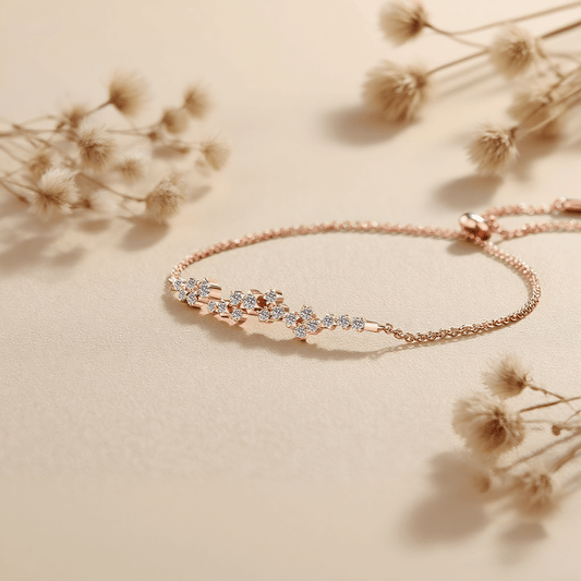 Rosegold Starburst Moissanite Bracelet — rose gold bracelet with starburst moissanite design, radiant and elegant accessory.