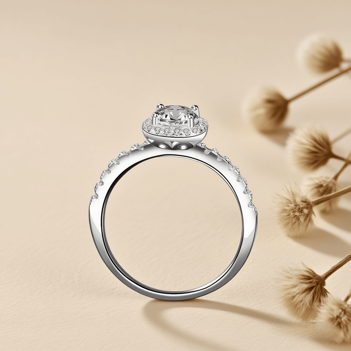Tranquil Glow Moissanite Ring — halo or solitaire moissanite ring in hypoallergenic metal, radiant and elegant.