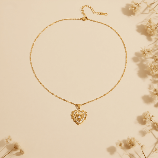 Vintage Heart Medallion Necklace — heart shaped pendant on twisted gold chain, romantic vintage style gift.