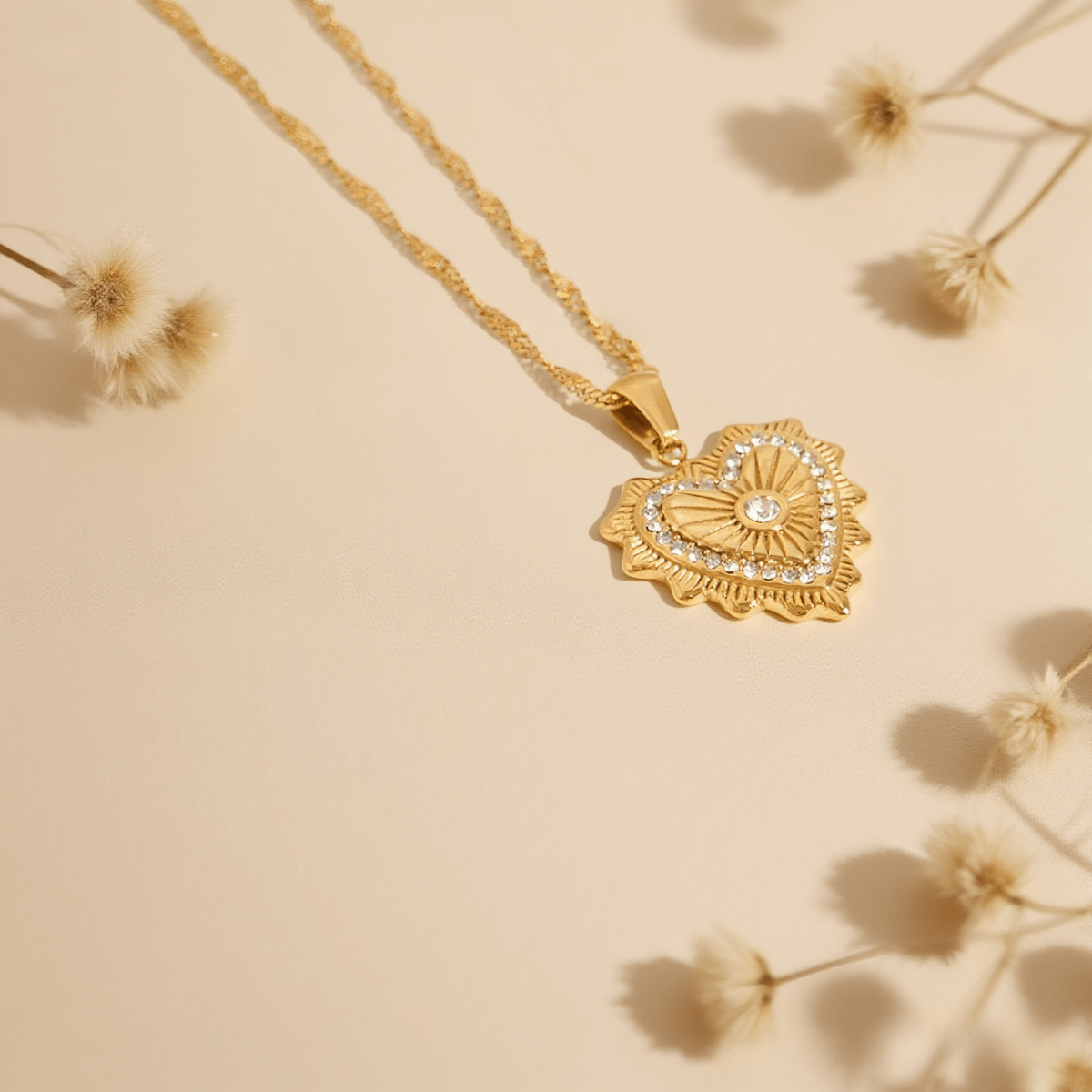 Vintage Heart Medallion Necklace — heart shaped pendant on twisted gold chain, romantic vintage style gift.