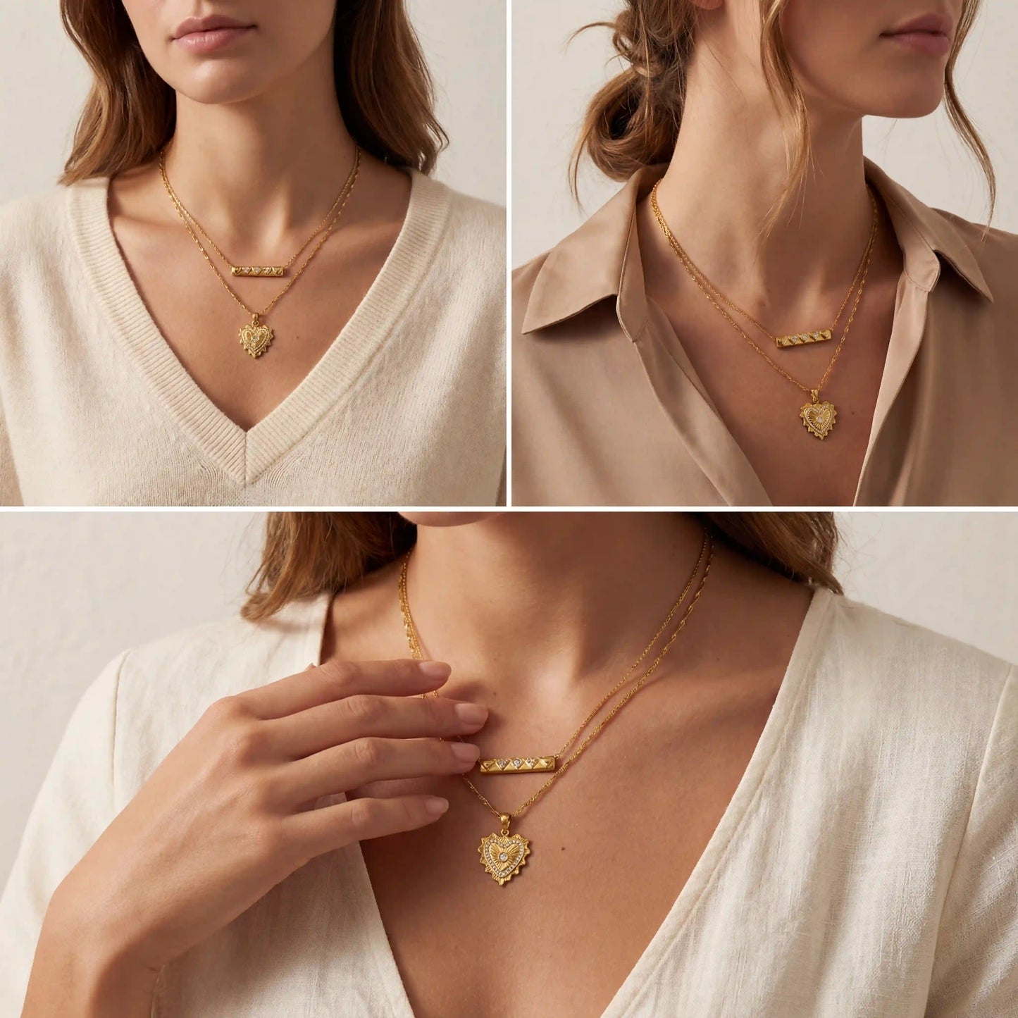 Lifestyle photography of blonde woman wearing gold vintage heart pendant necklace everyday style.