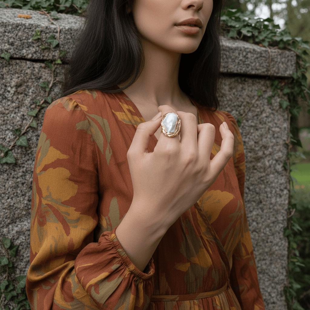 Macro detail shot of The Theia Ring, focusing on the intricate, handcrafted texture of the gold-plated band that holds the baroque pearl.