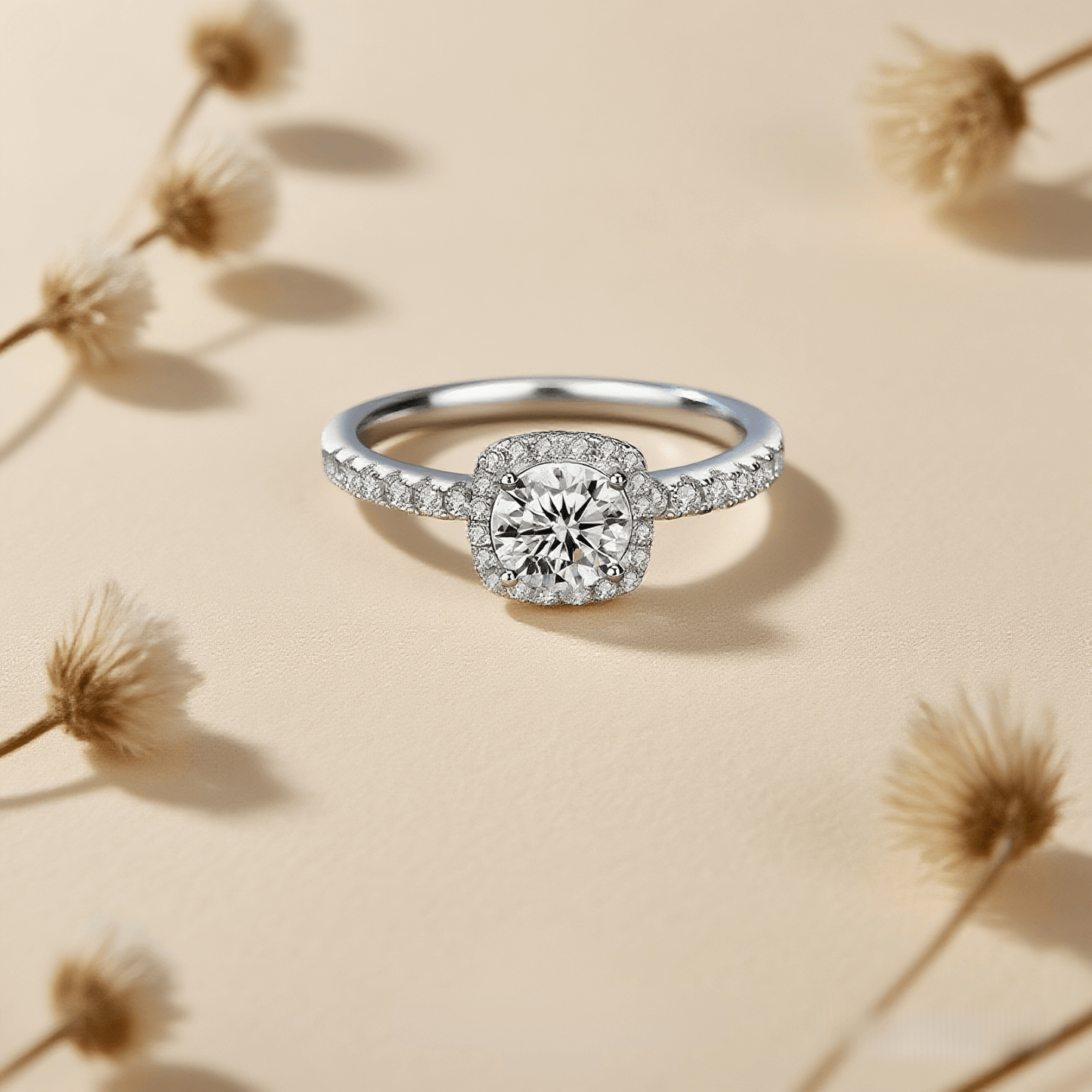Tranquil Glow Moissanite Ring — radiant moissanite ring in serene setting, calm sparkle for sensitive skin.