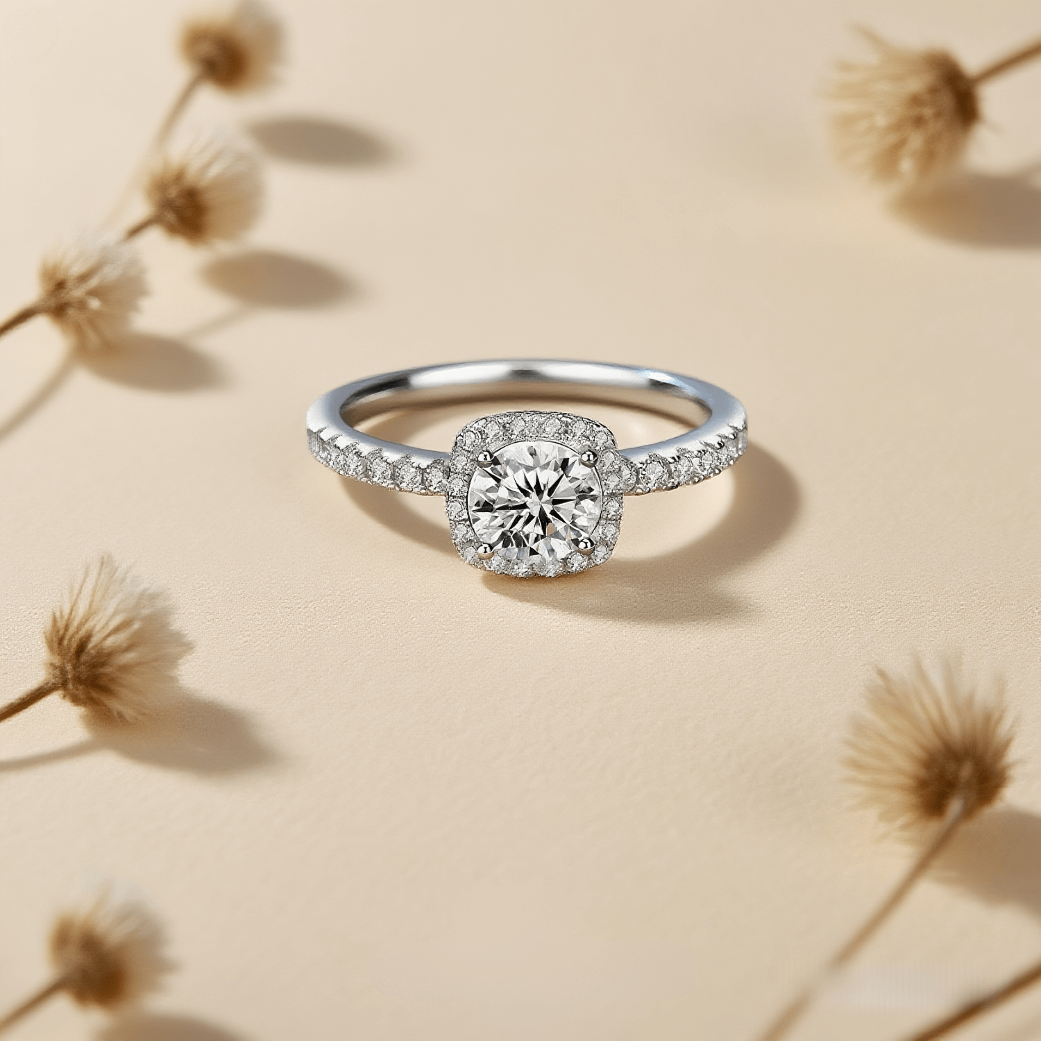 Tranquil Glow Moissanite Ring — radiant moissanite ring in serene setting, calm sparkle for sensitive skin.