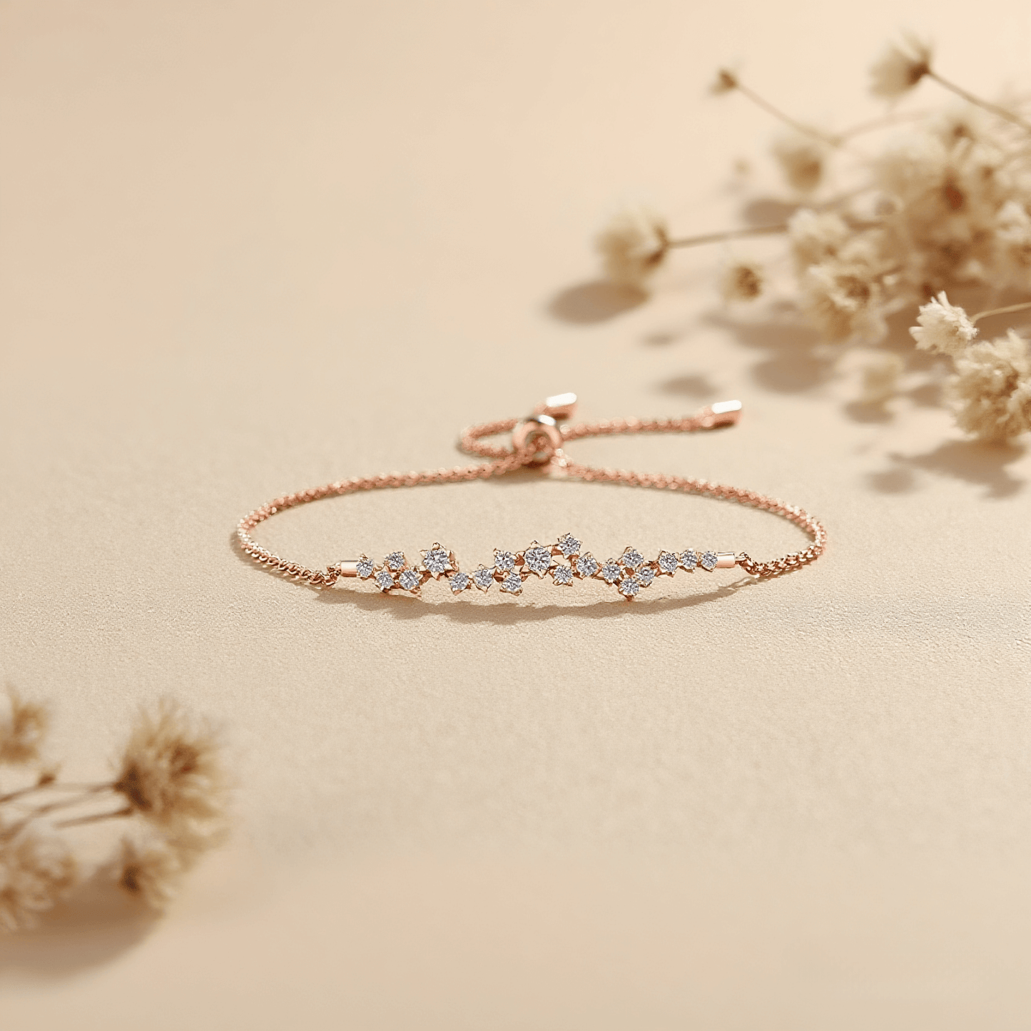 Rosegold Starburst Moissanite Bracelet — rose gold bracelet with starburst moissanite design, radiant and elegant accessory.
