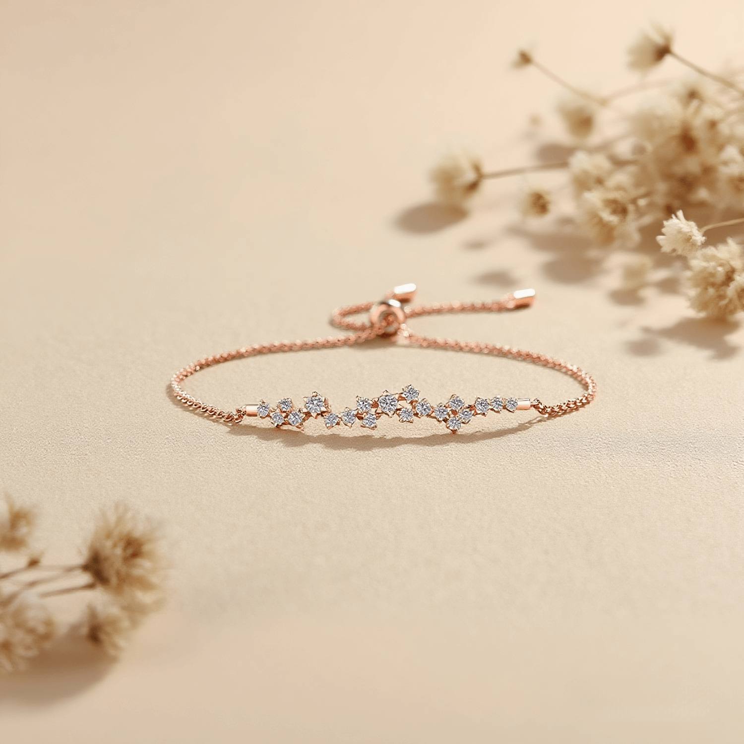 Rosegold Starburst Moissanite Bracelet — rose gold bracelet with starburst moissanite design, radiant and elegant accessory.