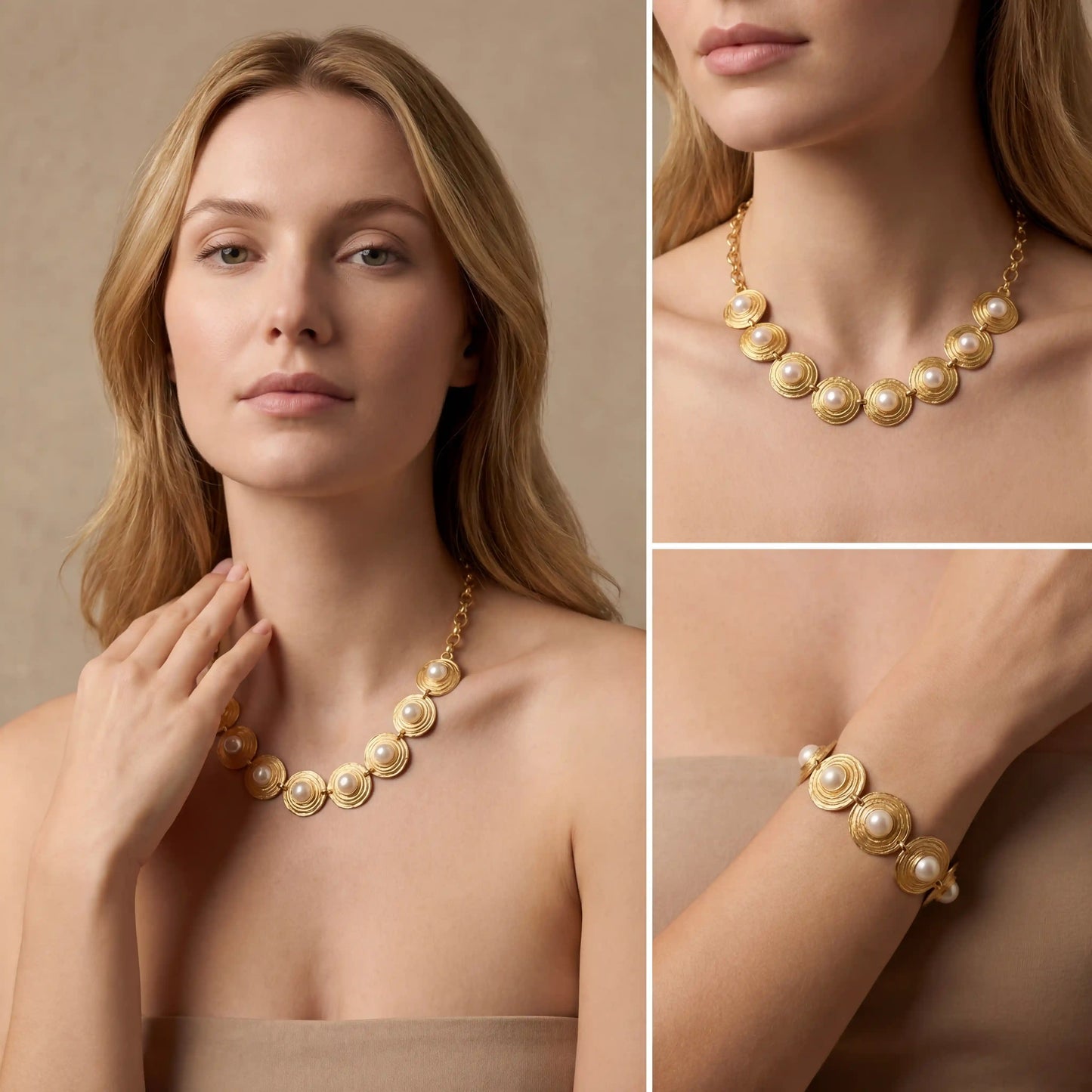 A close-up of The Hera Bracelet worn on a model's wrist, with her hand elegantly raised, showcasing the piece's bold scale and beautiful craftsmanship.