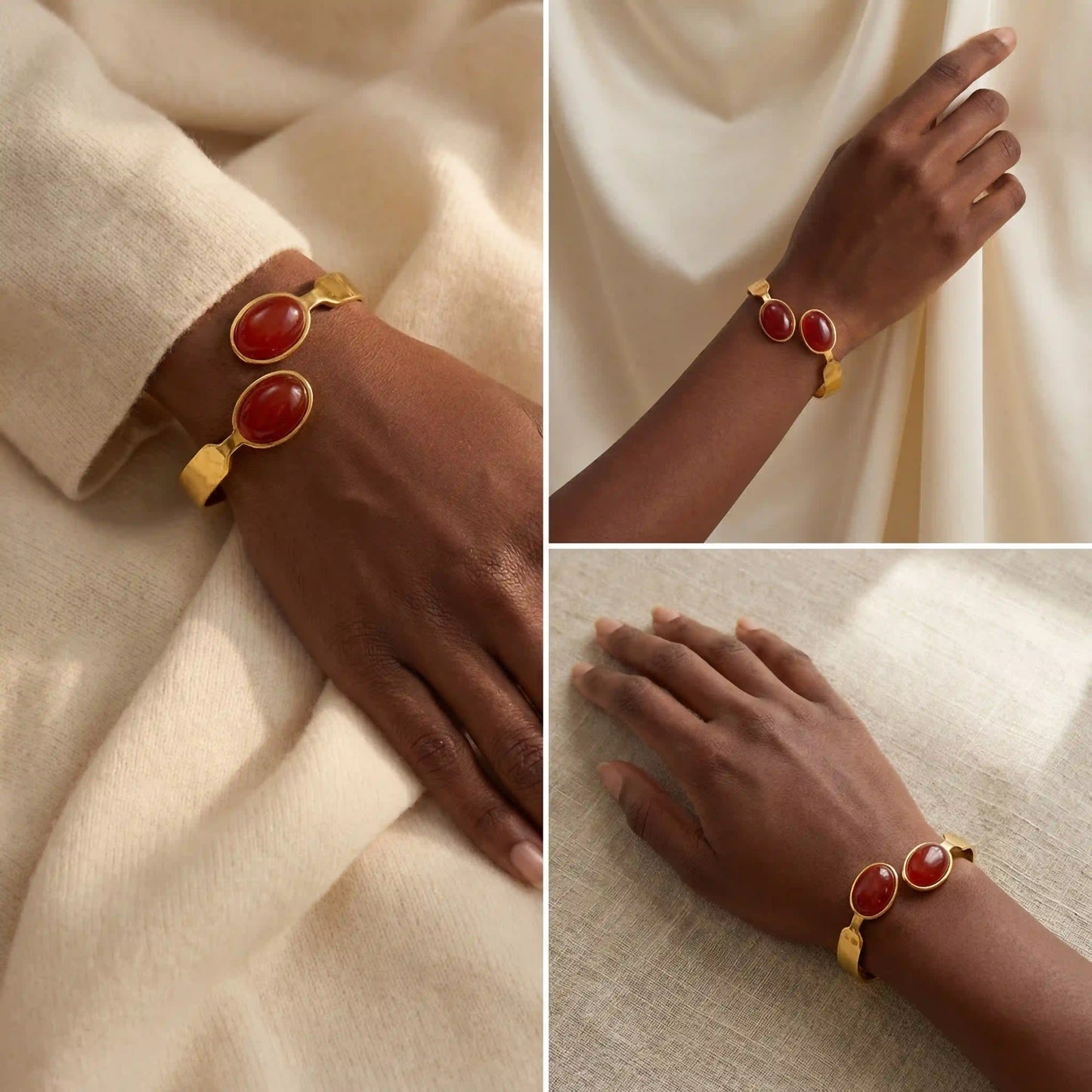 Fashion photography collage of deep red agate cuff bracelet on dark skin model.