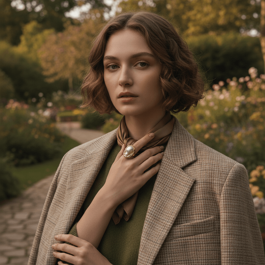 A model wearing a patterned brown top brings her hand with The Theia Ring towards her face, showing it as an elegant and eye-catching accessory.