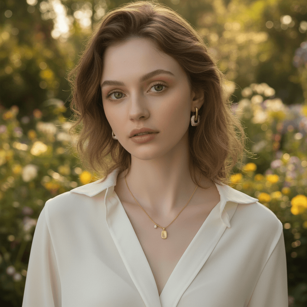 A model wearing a crisp, open-collar white button-down shirt, with The Signature Necklace nestled perfectly at her clavicle. The shot showcases the necklace as a sophisticated and professional accessory for the modern working woman